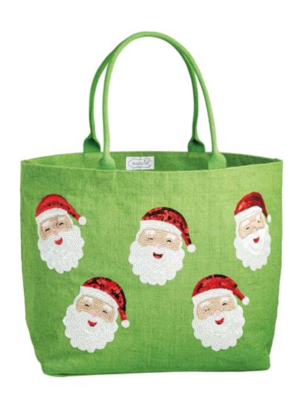 Mudpie Green Santa Holiday Sparkle Tote with Cotton Handles